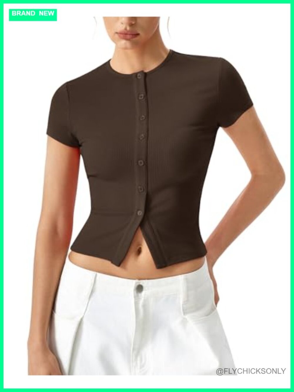 Ribbed Knit Slim Fit Crop Top Button Front Short Sleeve Going Out Shirt